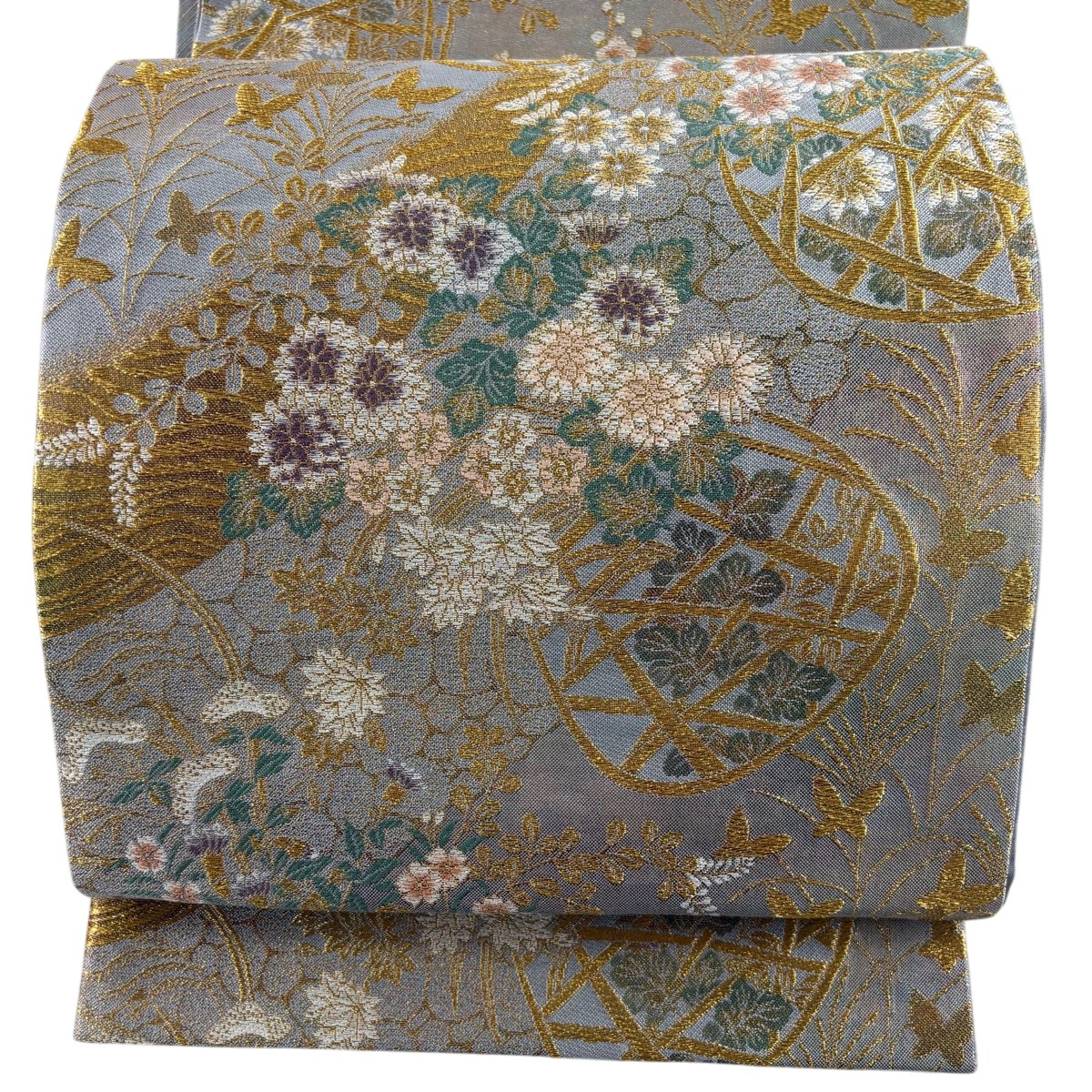 【美品】 袋帯 秀品 花籠 蝶 金糸 箔 灰紫 六通 正絹 【中古】