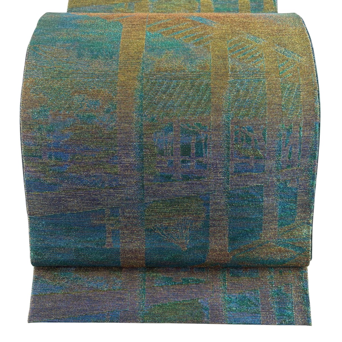 【美品】 袋帯 逸品 佐波理 落款あり 東福寺通天橋 箔 ラメ糸 青緑 六通 正絹 【中古】