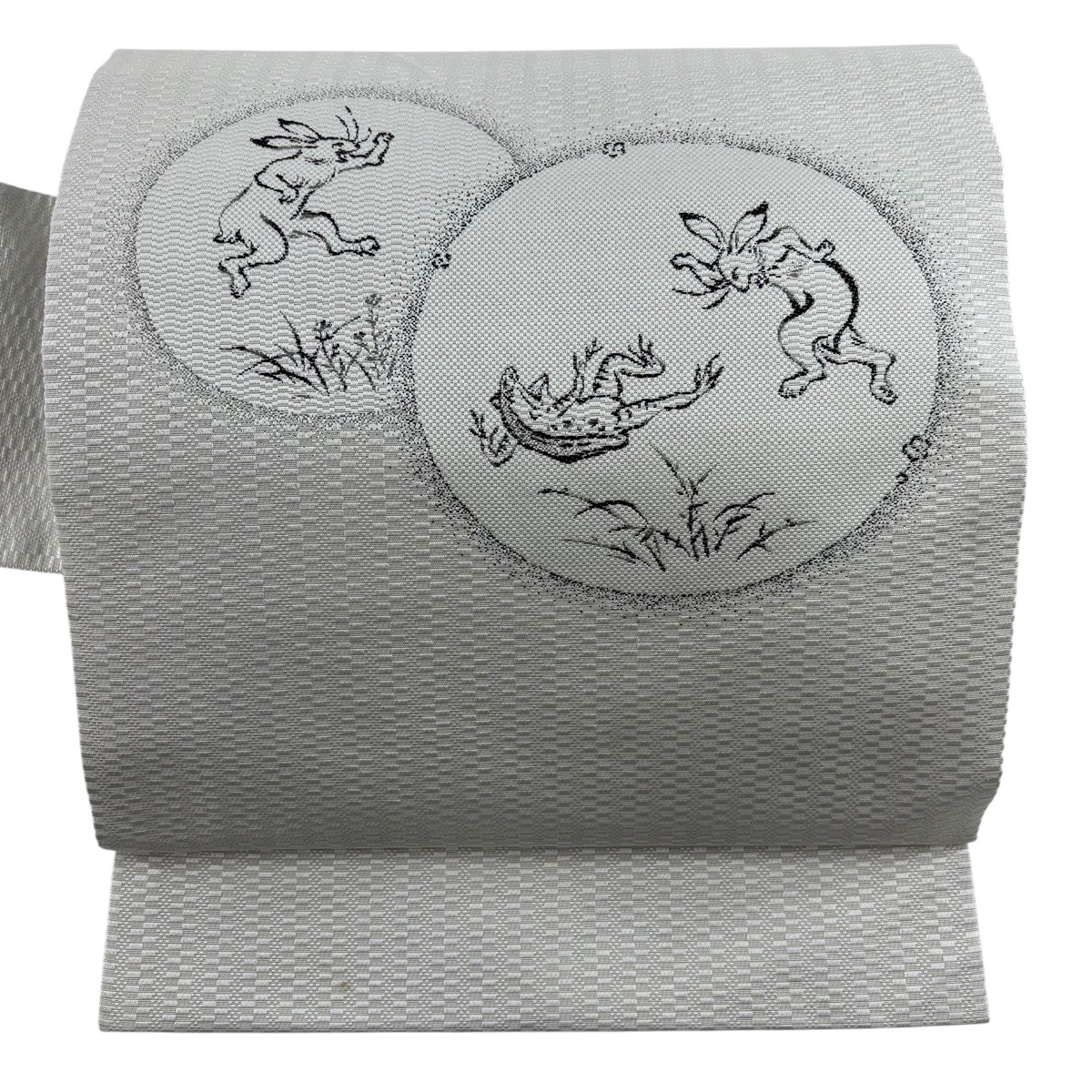 名古屋帯 逸品 鳥獣戯画 白 正絹 【中古】