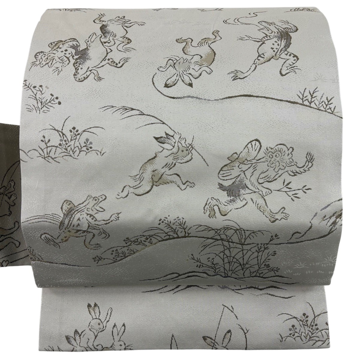 名古屋帯 逸品 菱屋善兵衛 落款あり 鳥獣戯画 ベージュ 正絹 【中古】