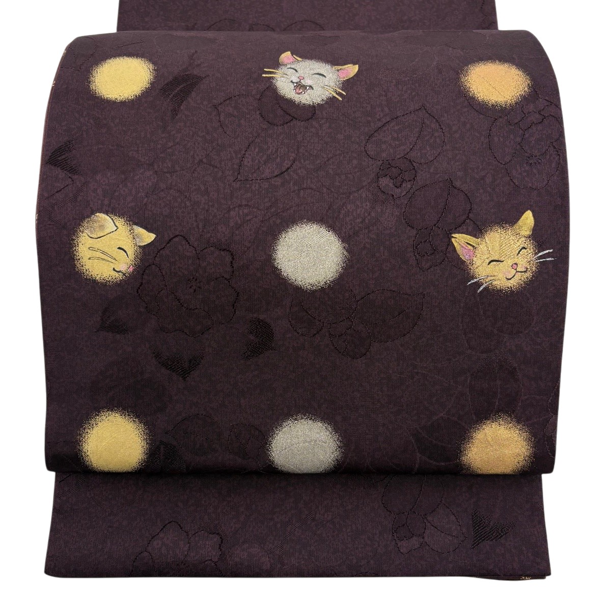 【美品】 袋帯 逸品 猫 丸文 金銀彩 紫 お太鼓柄 正絹 【中古】