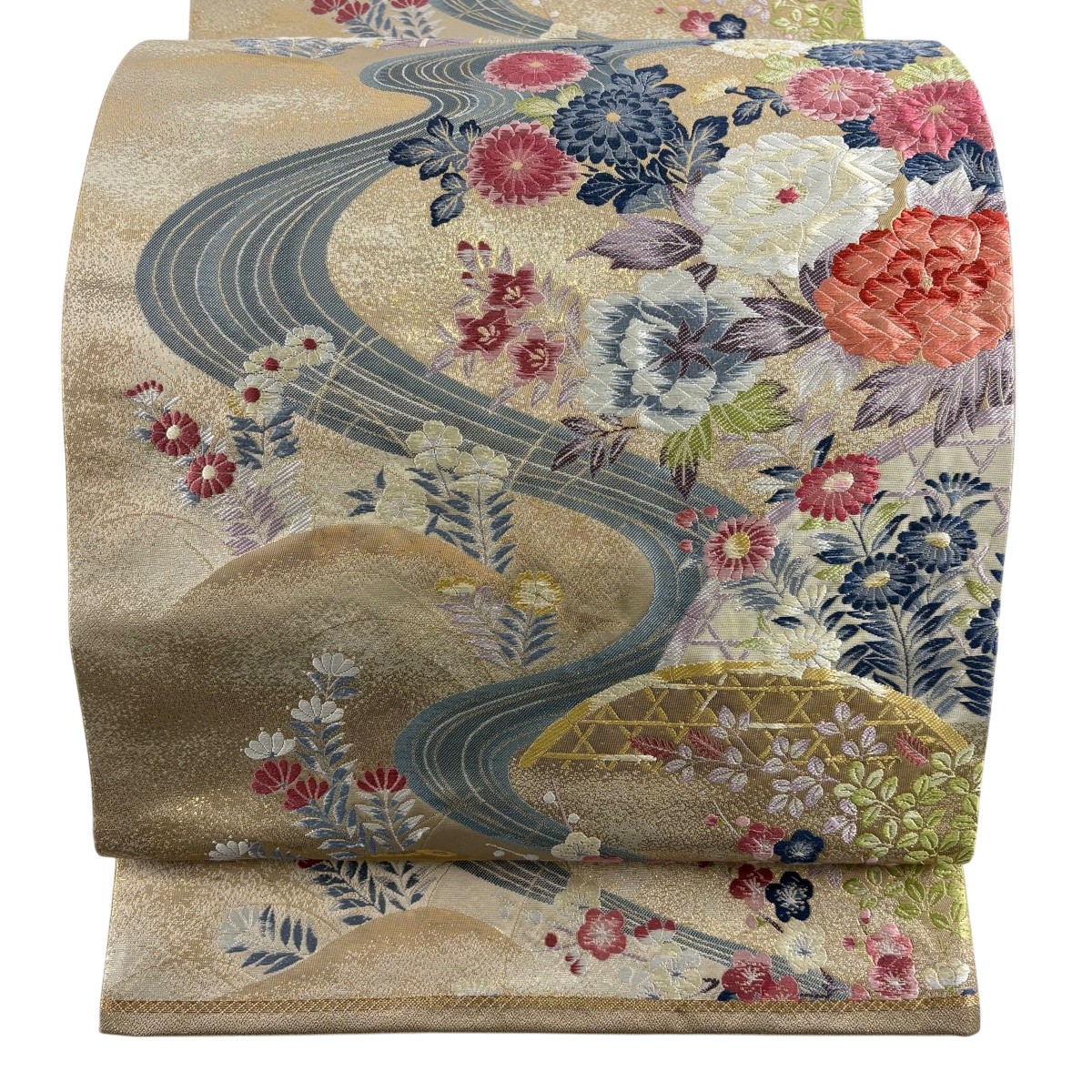【美品】 袋帯 珠玉 となみ織り地 証紙あり 関西仕立てもの 顕花植物 水筋 箔 うす茶色色 六通 正絹 【中古】