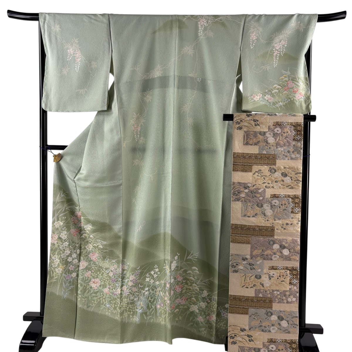 【美品】 訪問着 身丈168cm 裄丈67.5cm L 袷 袋帯セット 草花 銀通し ぼかし 薄緑 正絹 秀品 【中古】