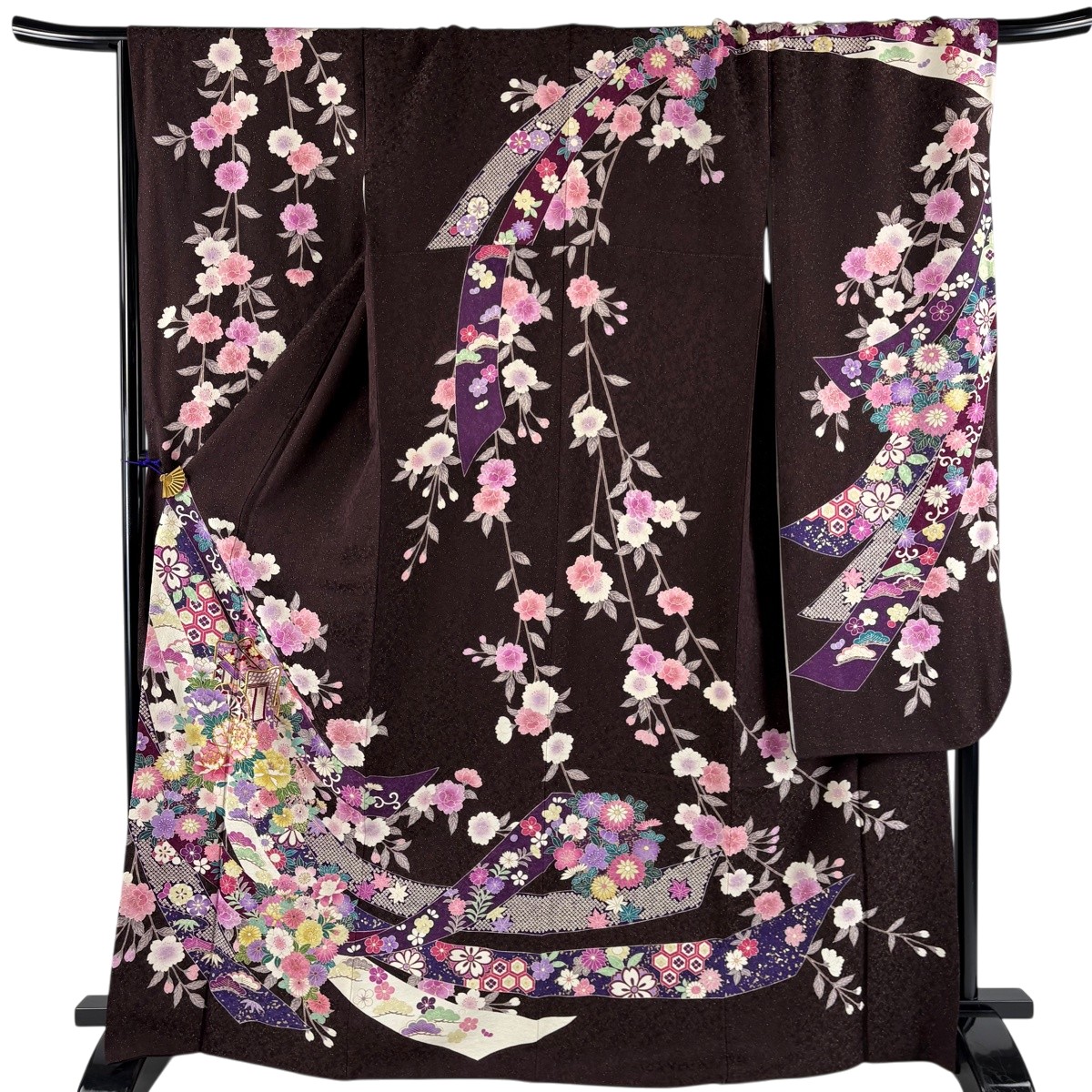【美品】 振袖 身たけ169糎 裄丈71.5糎 L 袷 御所車 顕花植物 金糸 金通し 茶紫 正絹 珠玉 【中古】