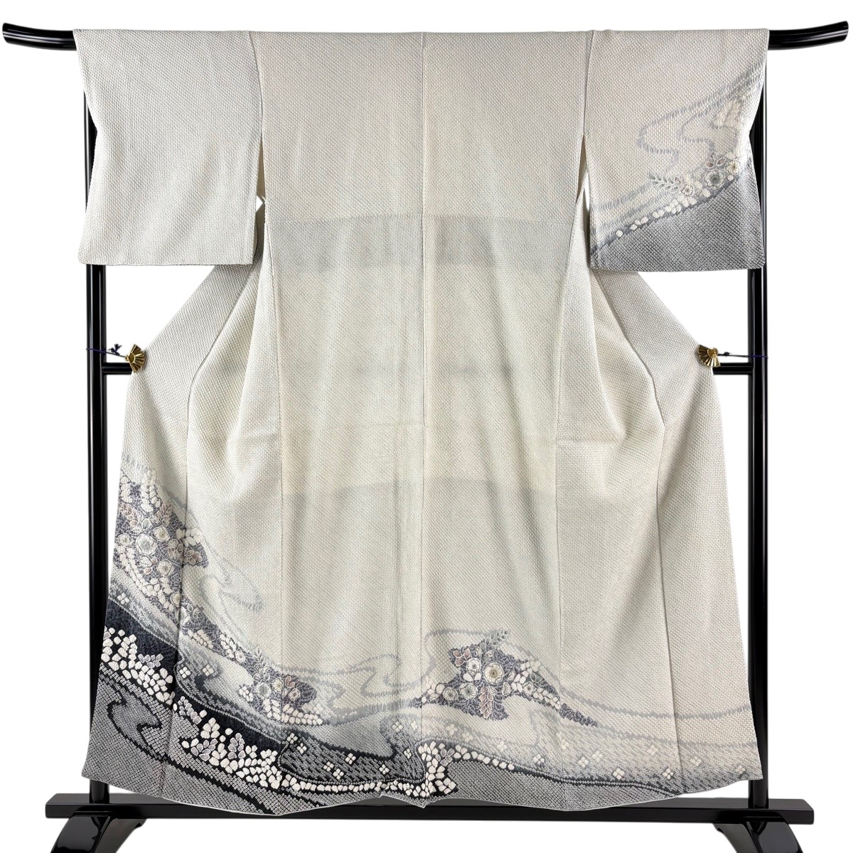 訪問着 身丈155.5cm 裄丈66cm M 袷 辻が花柄 霞 総絞り 灰白 正絹 秀品 【中古】