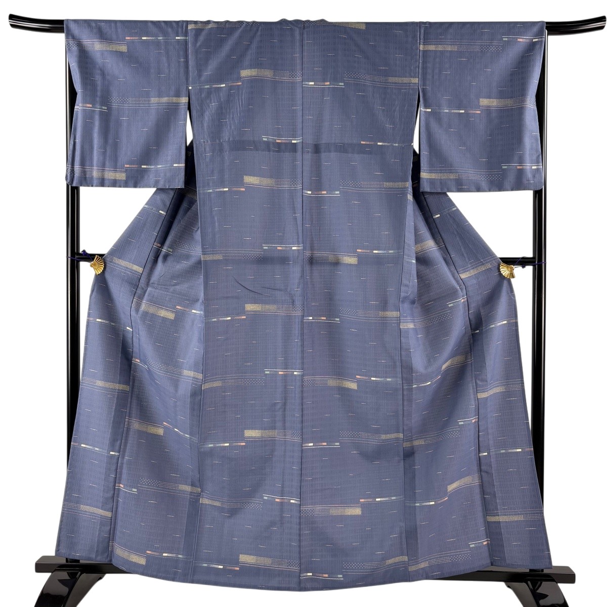 小紋 身丈160.5cm 裄丈66cm M 単衣 幾何学模様 青灰色 化繊 秀品 【中古】
