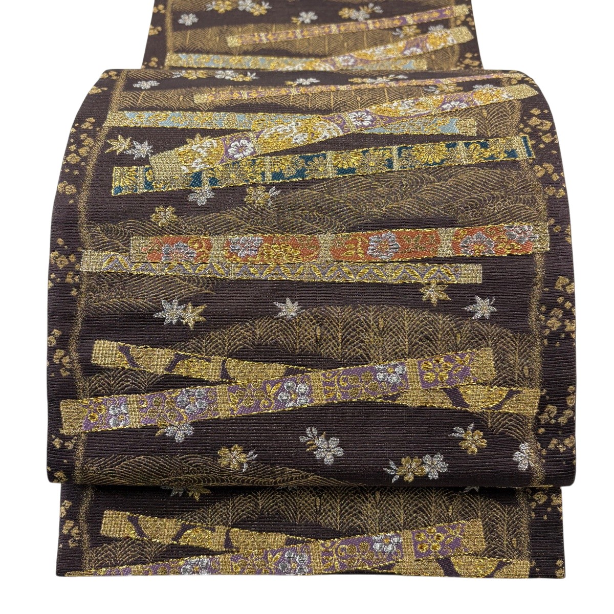 【美品】 袋帯 秀品 落款あり 懐刀 桜楓 箔 金銀糸 焦茶色 六通 正絹 【中古】