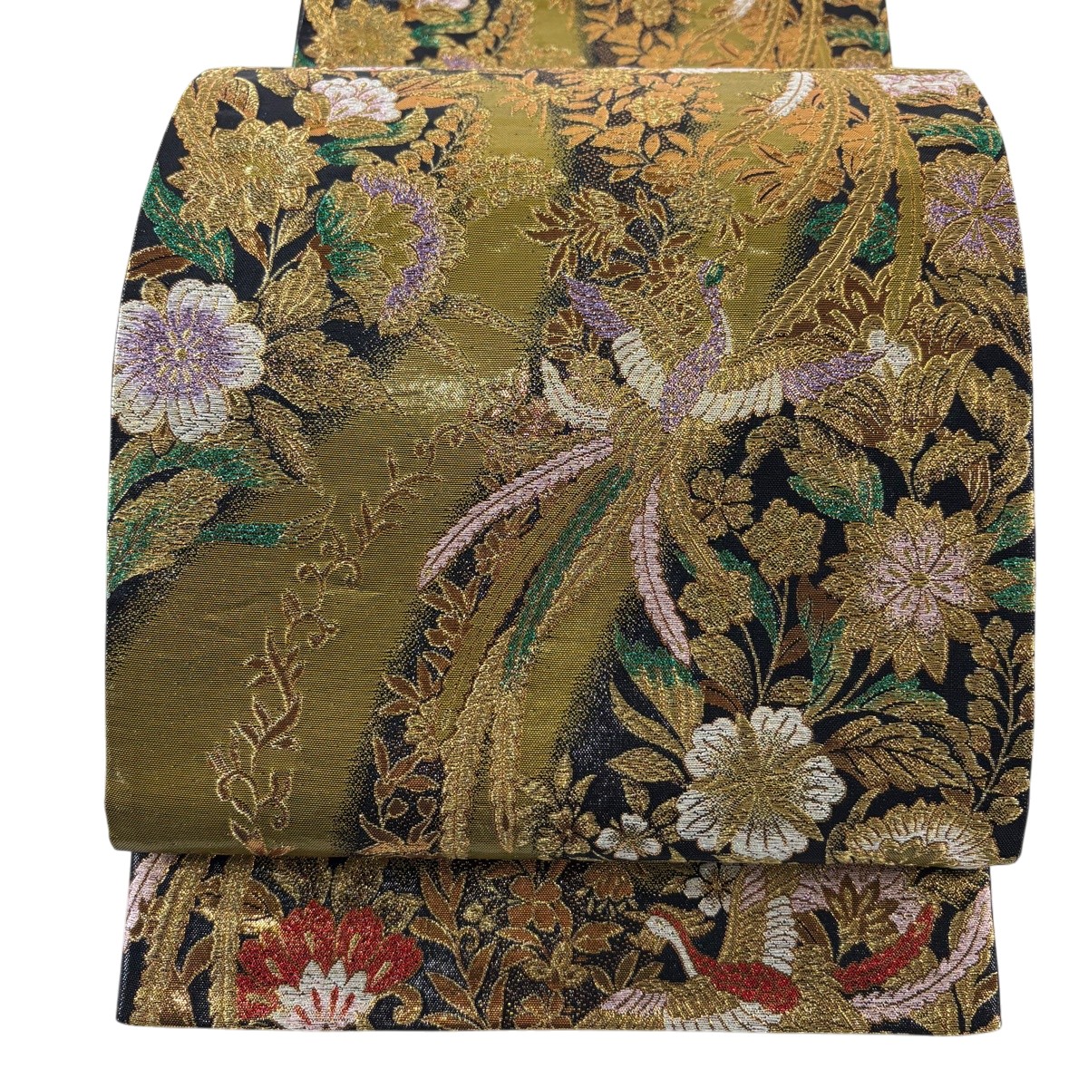 【美品】 袋帯 秀品 尾長鳥 草花 箔 金糸 黒 六通 正絹 【中古】