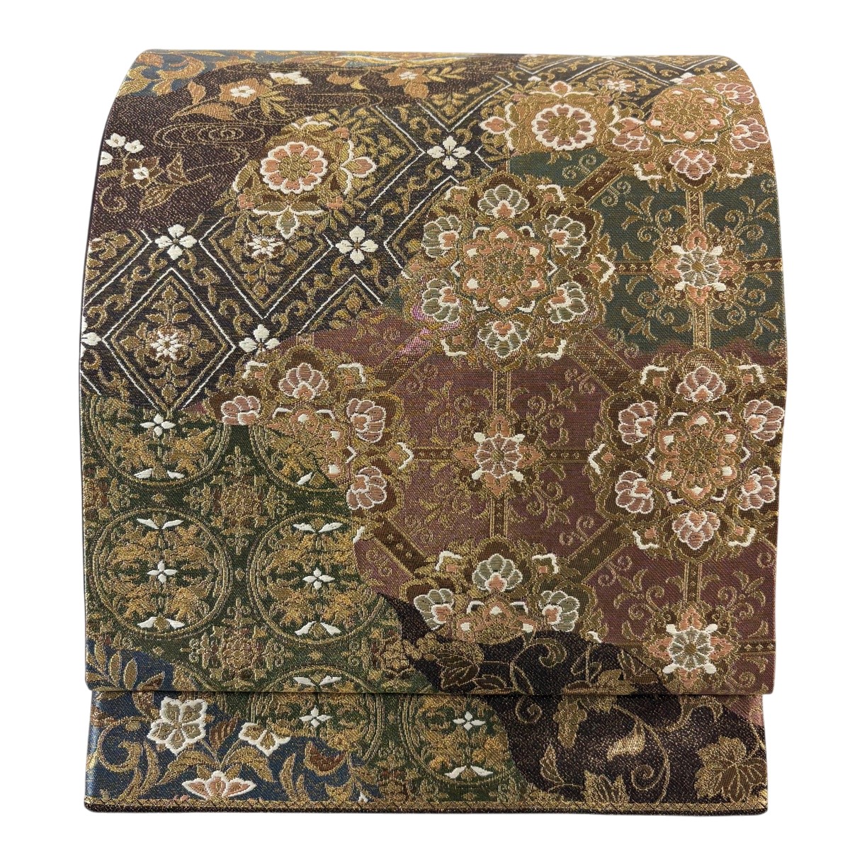 【美品】 袋帯 秀品 関西仕立て 華文 草花 箔 金糸 焦茶色 六通 正絹 【中古】
