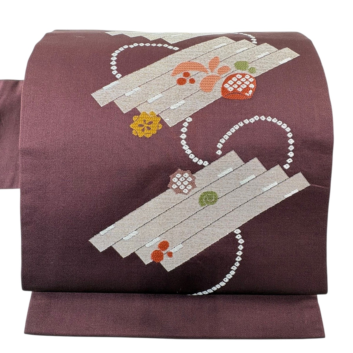 【美品】 名古屋帯 秀品 花筏 金糸 茶紫 正絹 【中古】