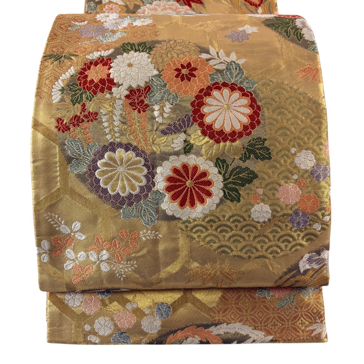 丸帯 秀品 花丸文 花鳥 箔 金糸 金色 全通 正絹 【中古】