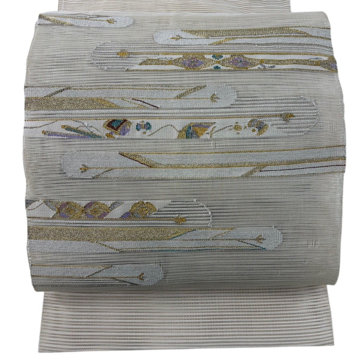 名古屋帯 秀品 八寸名古屋帯 松葉仕立て トンネル仕立て 夏帯 宝尽くし 霞 金銀糸 ベージュ 正絹 【中古】