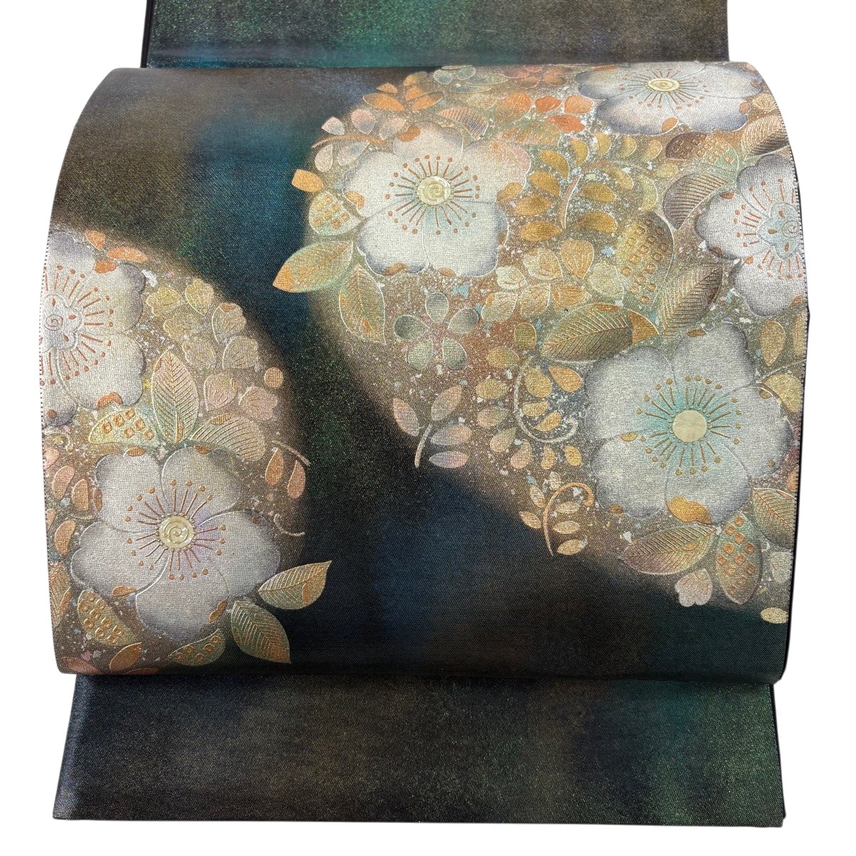 【美品】 袋帯 秀品 草花 螺鈿 金銀彩 緑 お太鼓柄 正絹 【中古】