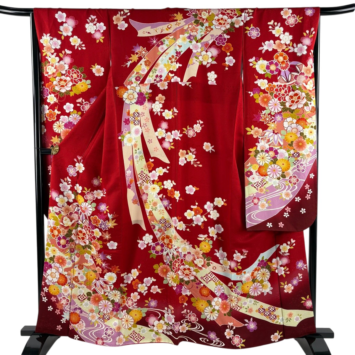 【美品】 振袖 身丈161cm 裄丈66cm M 袷 手鞠 草花 金糸 染め分け 赤 正絹 名品 【中古】