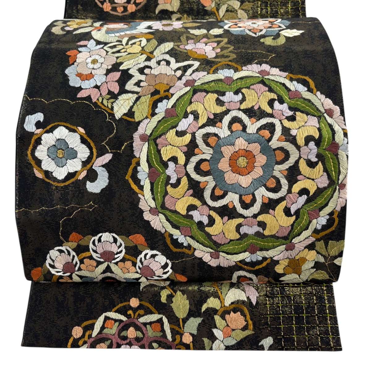 袋帯 逸品 華文 花喰い鳥 金糸 刺繍 黒 六通 正絹 【中古】