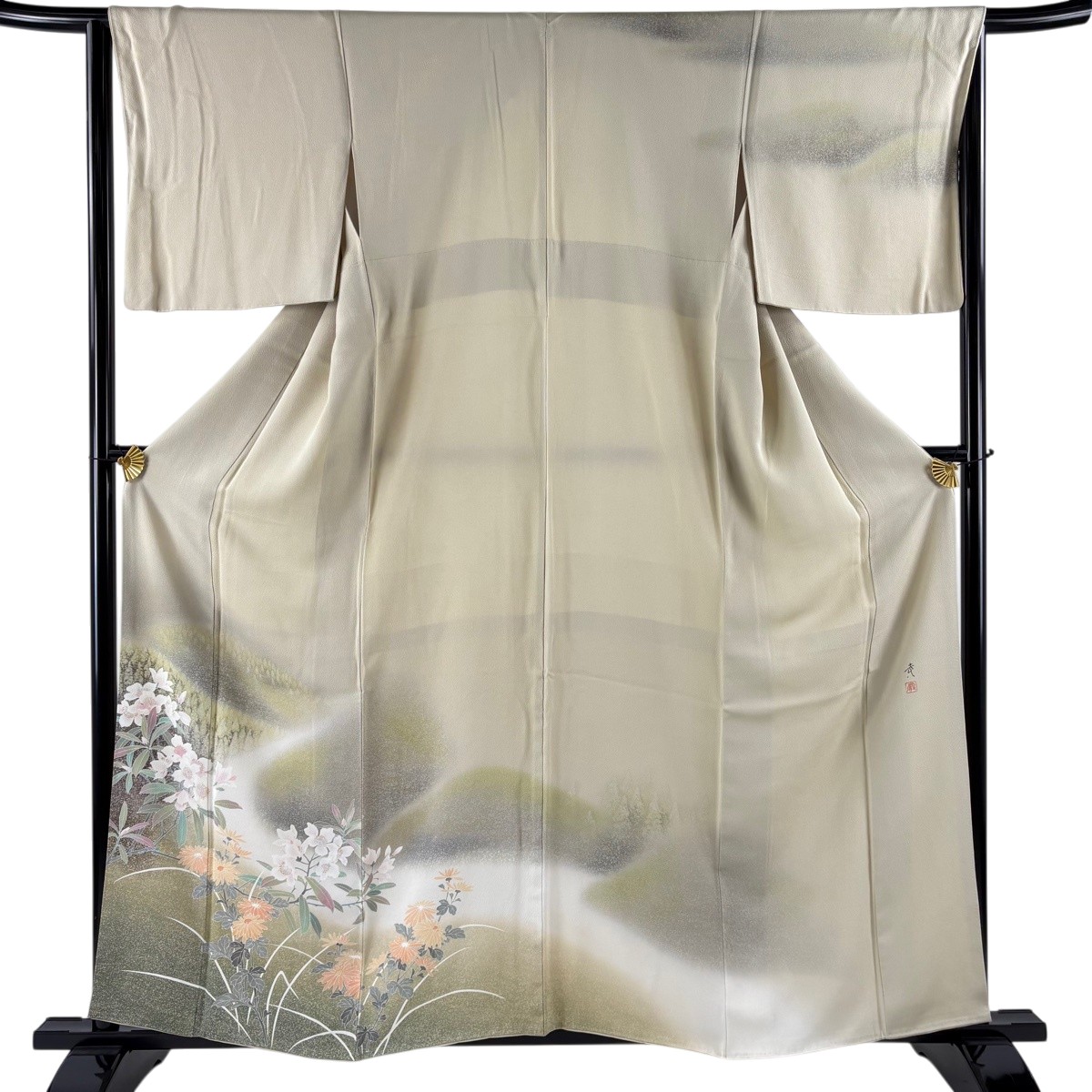 訪問着 身丈158cm 裄丈66cm M 袷 落款あり 草花 樹木 ぼかし ベージュ 正絹 秀品 一つ紋 【中古】