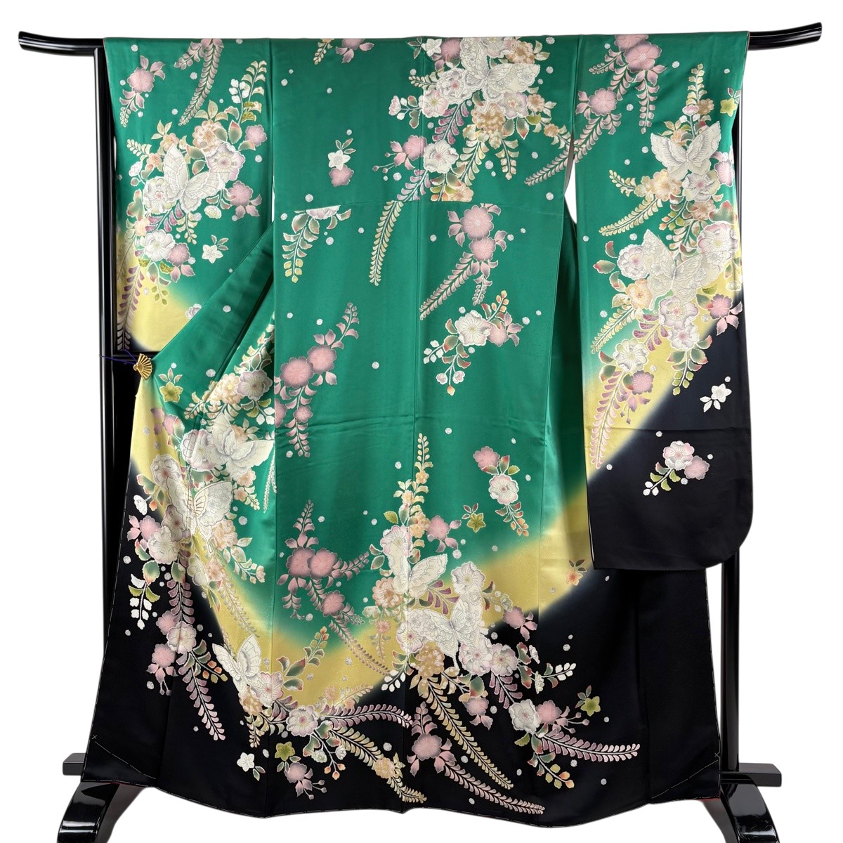 振袖 身丈165cm 裄丈68cm L 袷 蝶 辻が花柄 金彩 染め分け 緑 正絹 秀品 【中古】