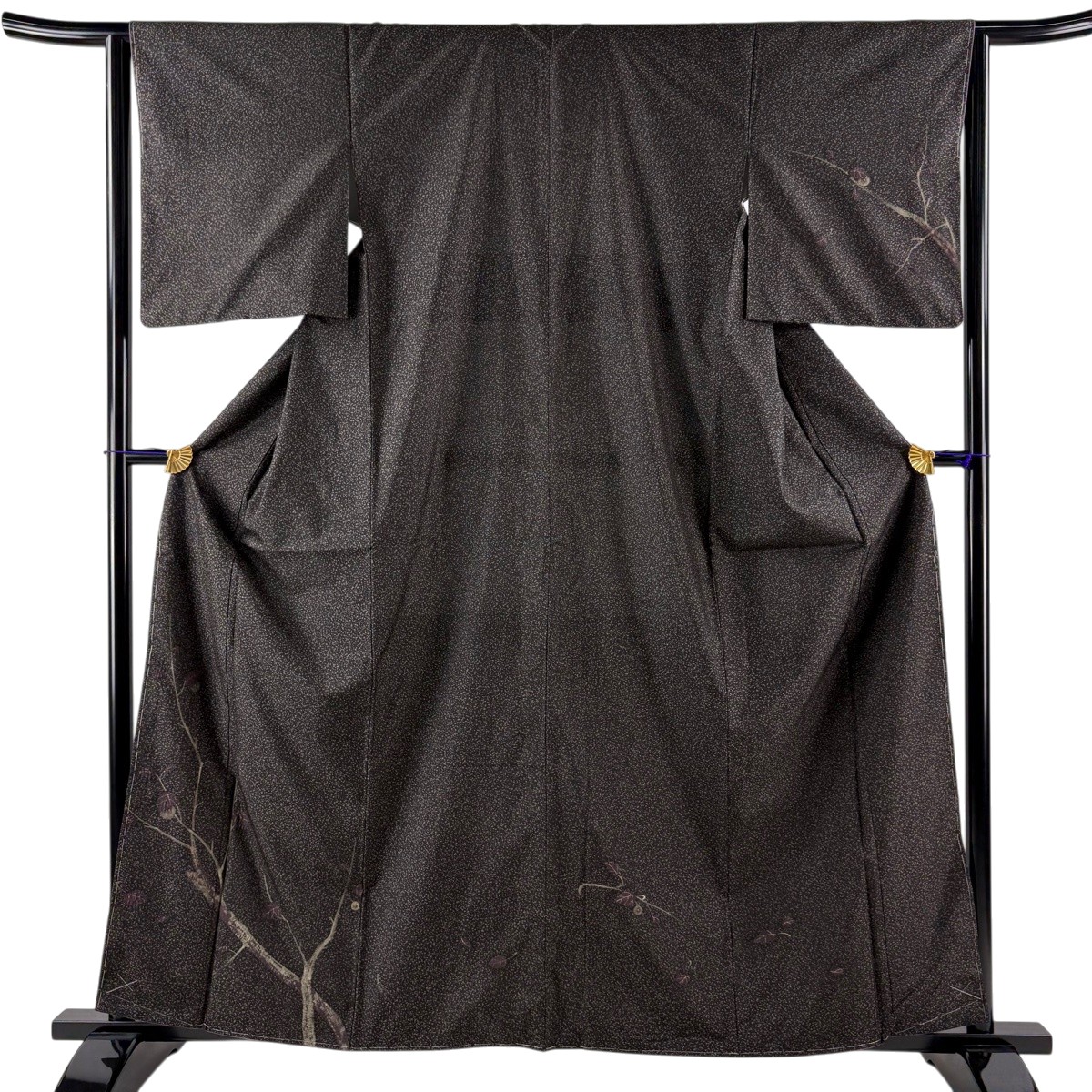 【美品】 付下げ 身丈161.5cm 裄丈63cm S 袷 紬地 枝葉 絞り 金彩 墨色 正絹 秀品 【中古】