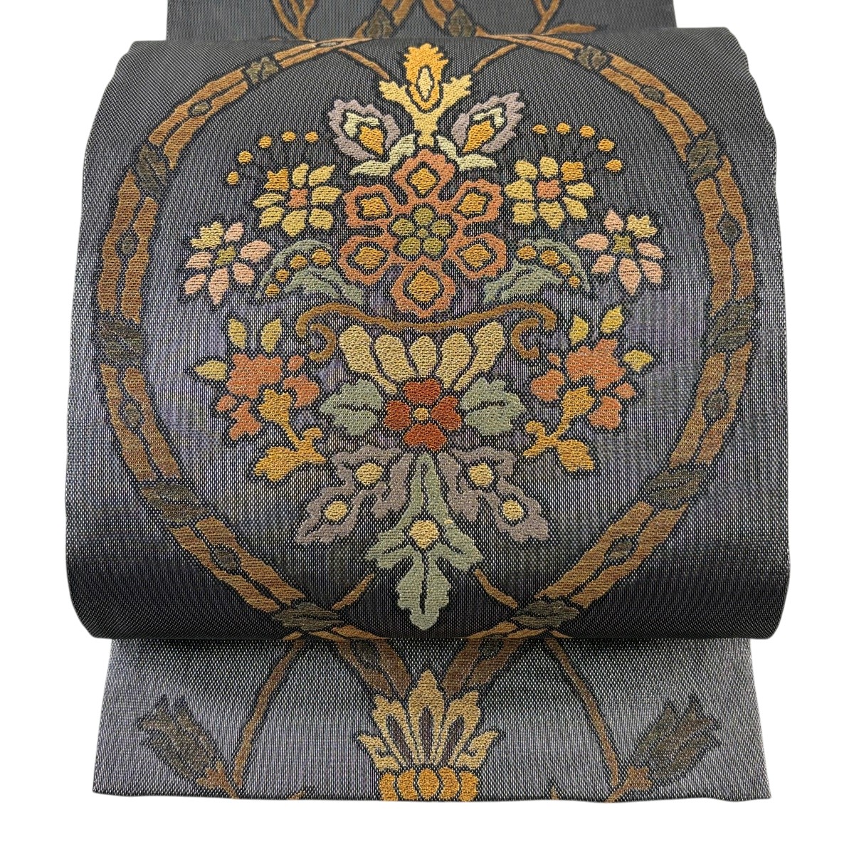 【美品】 袋帯 秀品 夏帯 草花 金銀糸 黒灰 六通 正絹 【中古】