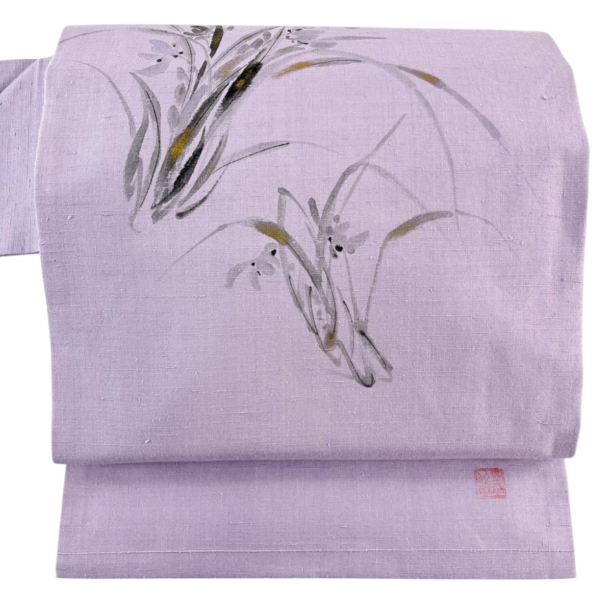 名古屋帯 秀品 落款あり 紬地 関西仕立て 草花 金彩 薄紫 正絹 【中古】 6,864円