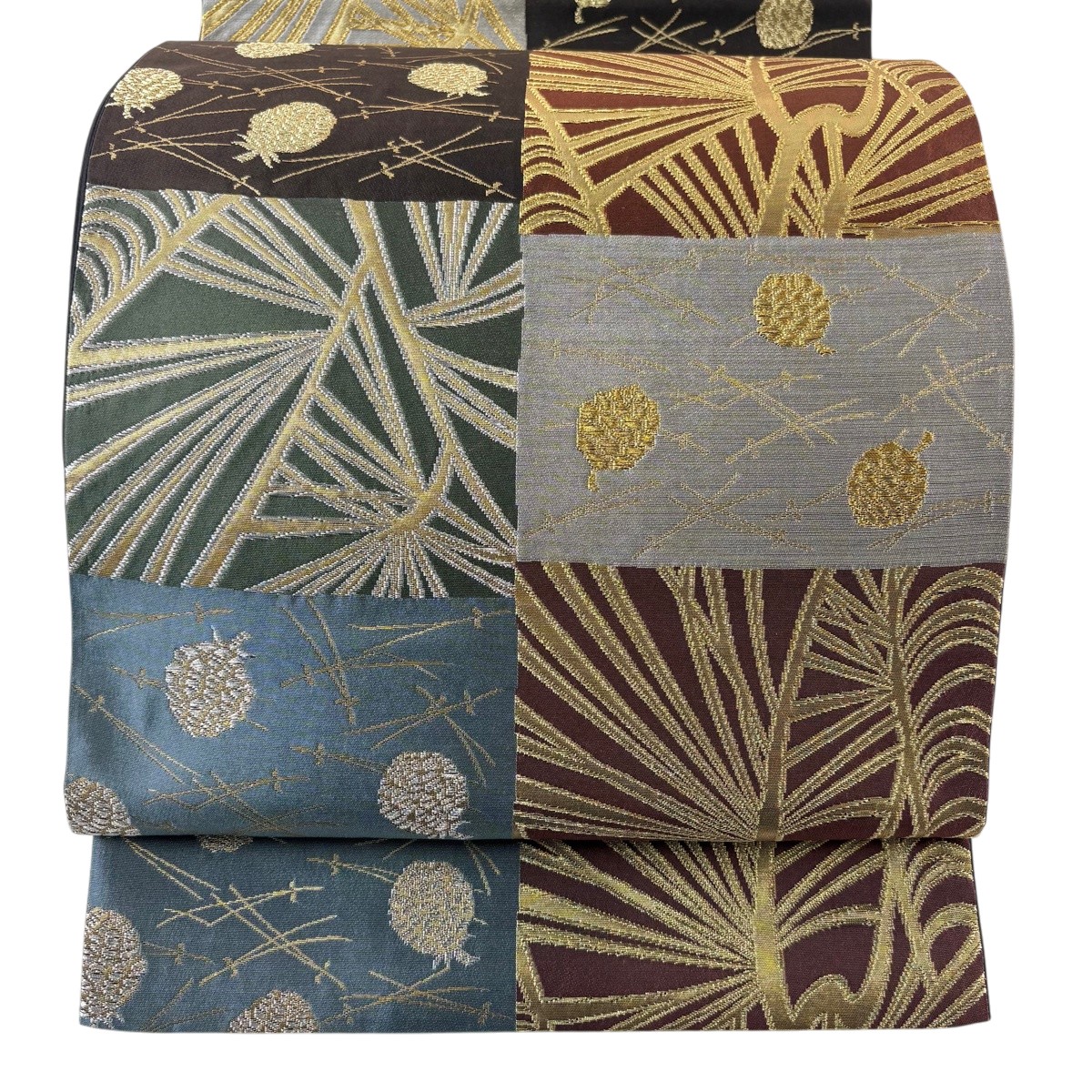 【美品】 袋帯 秀品 松毬 松葉 金銀糸 箔 赤紫 六通 正絹 【中古】