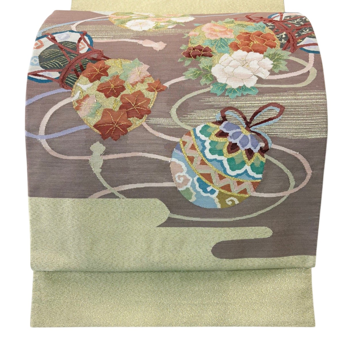【美品】 袋帯 秀品 綴れ 鼓 手鞠 箔 金糸 小豆色 お太鼓柄 正絹 【中古】