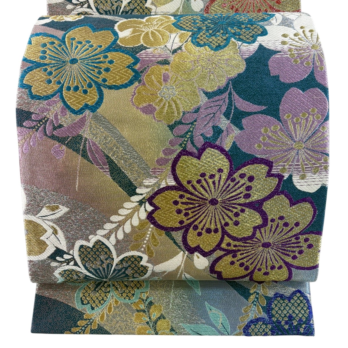 【美品】 袋帯 秀品 桜 草花 金銀糸 箔 青緑 六通 正絹 【中古】