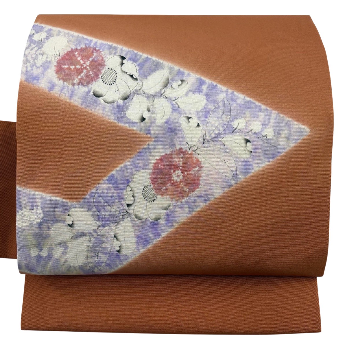 【美品】 名古屋帯 秀品 落款あり 草花 幾何学模様 絞り 赤茶 正絹 【中古】