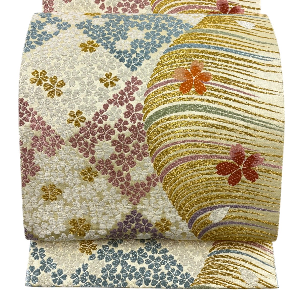 【美品】 袋帯 秀品 桜 縞 金彩 ラメ彩 ベージュ 六通 正絹 【中古】