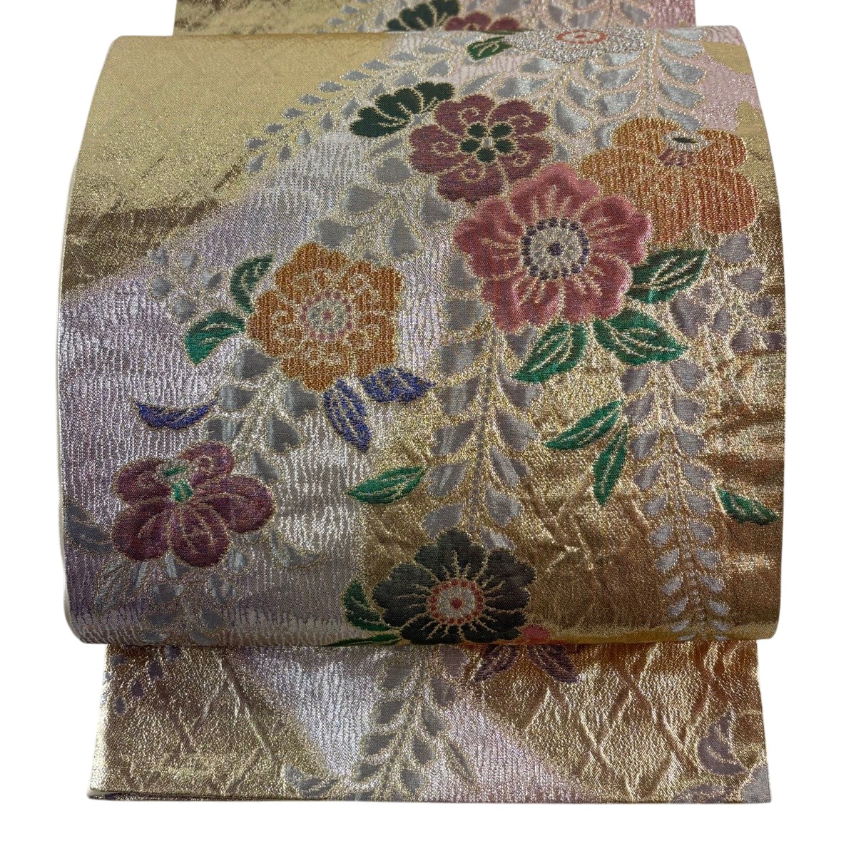 【美品】 袋帯 秀品 草花 金銀糸 箔 金色 六通 正絹 【中古】
