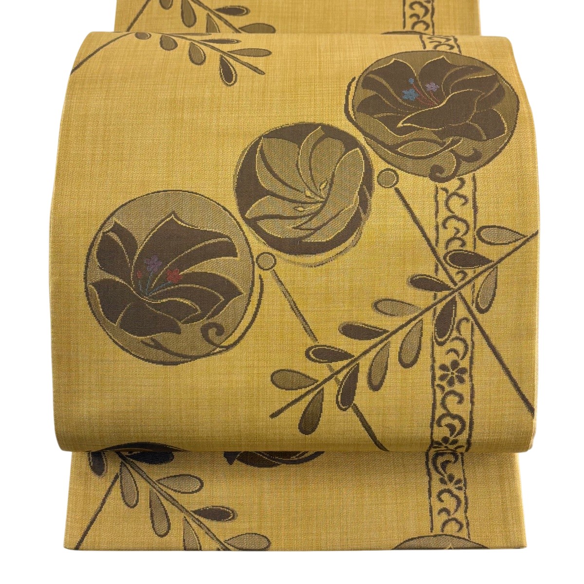 【美品】 袋帯 秀品 丸文 草花 山吹茶色 六通 正絹 【中古】
