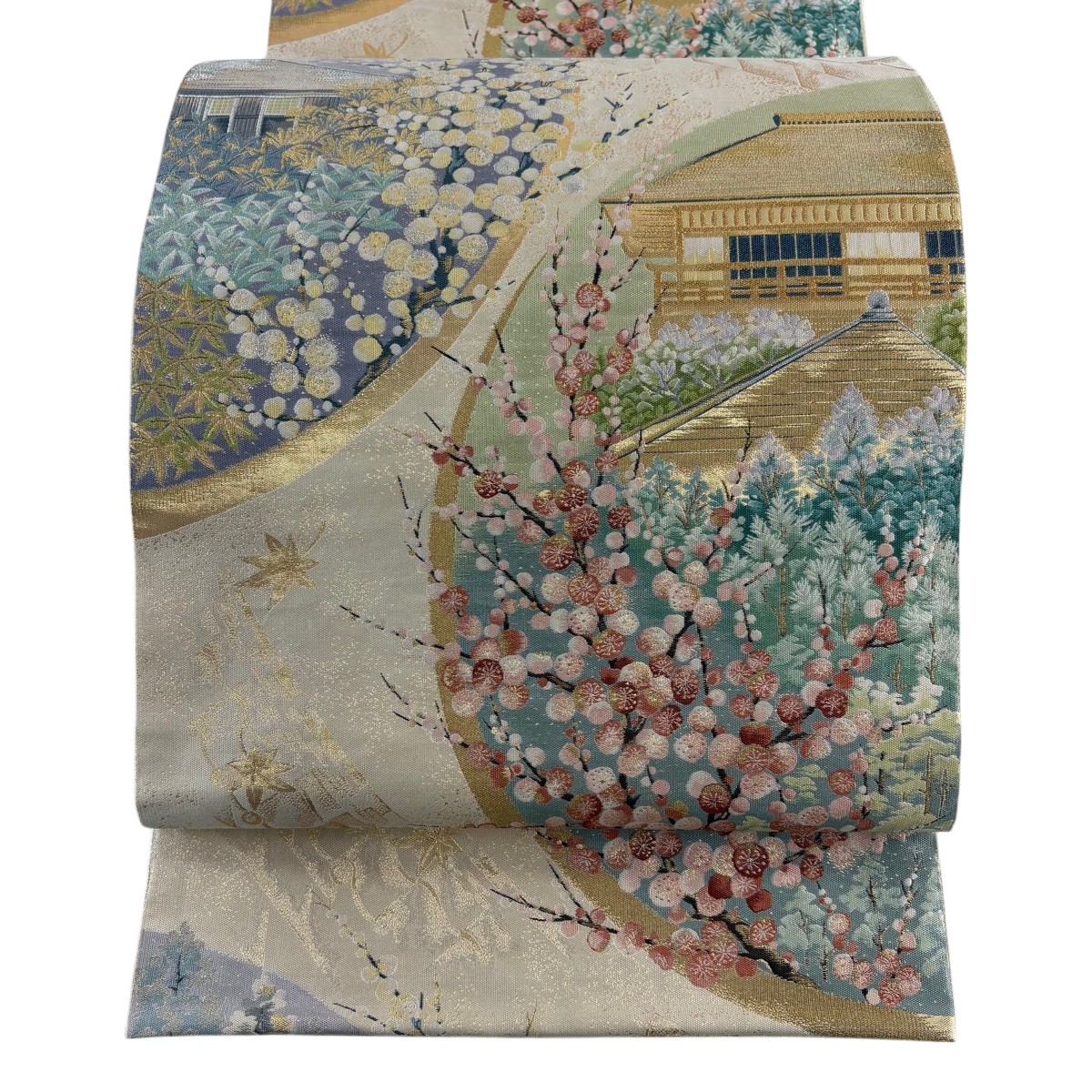 【美品】 袋帯 秀品 建物 枝梅 金銀糸 箔 ベージュ 六通 正絹 【中古】