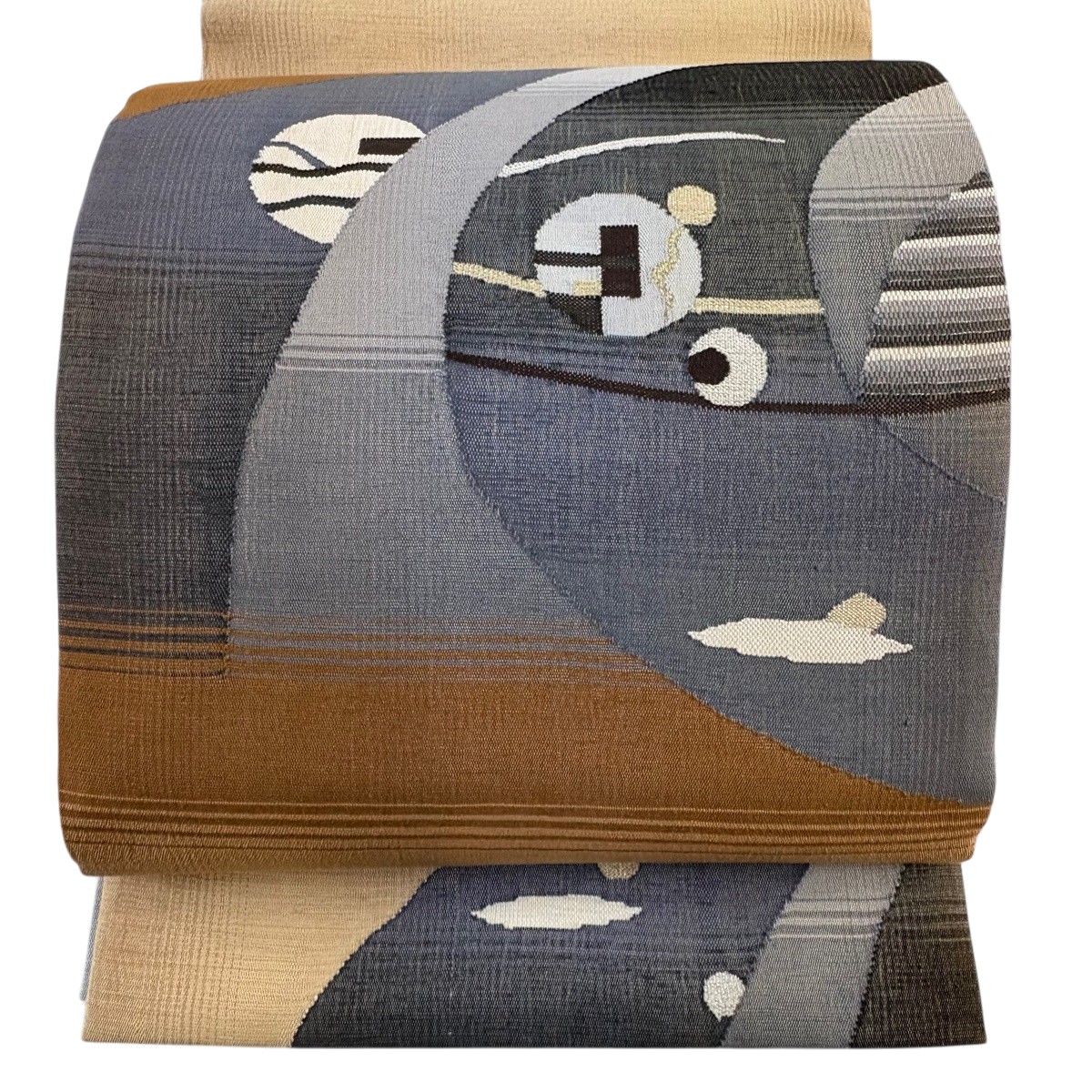 【美品】 袋帯 秀品 幾何学模様 金銀糸 青灰色 お太鼓柄 正絹 【中古】