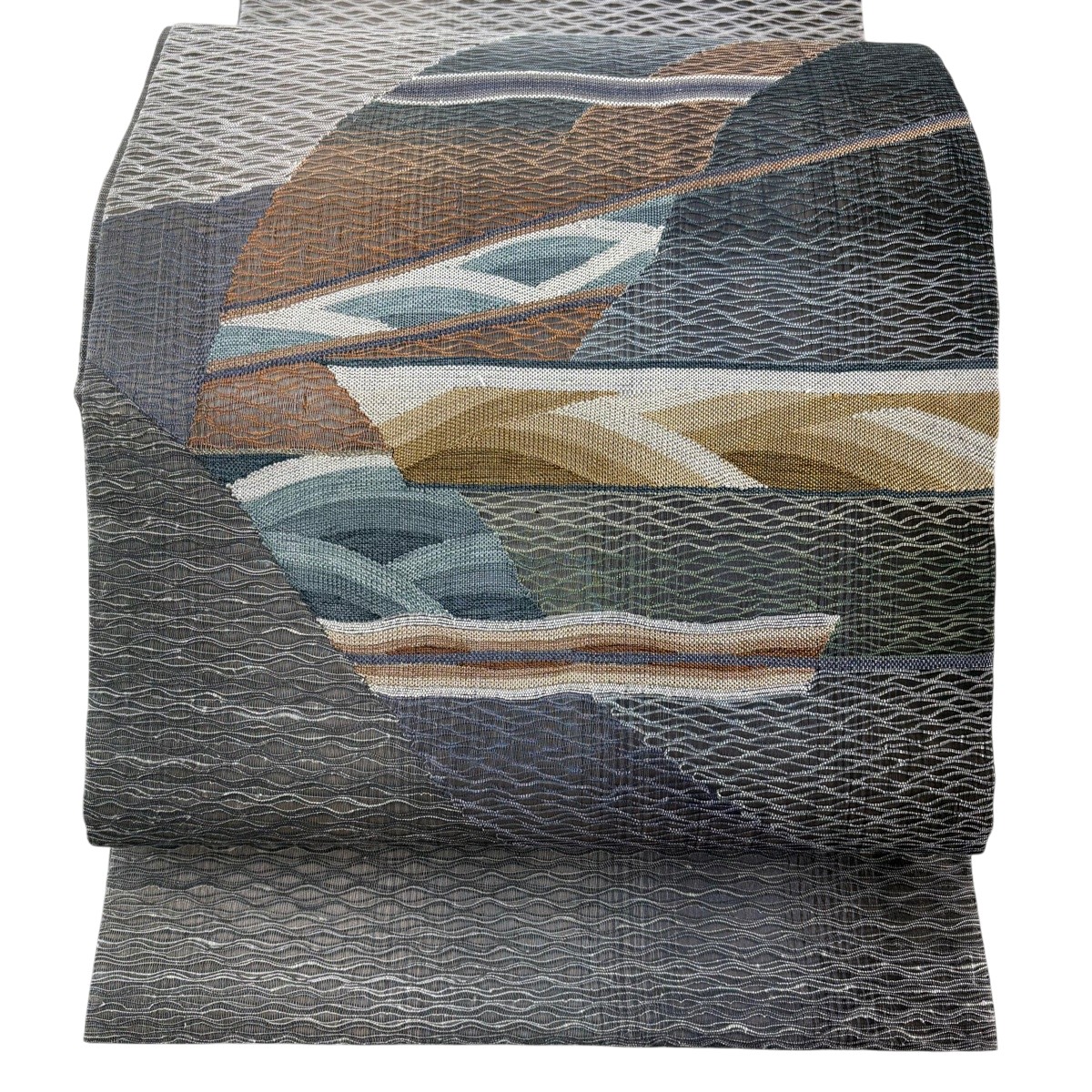 【美品】 袋帯 秀品 幾何学模様 よろけ縞 金銀糸 青灰色 お太鼓柄 正絹 【中古】