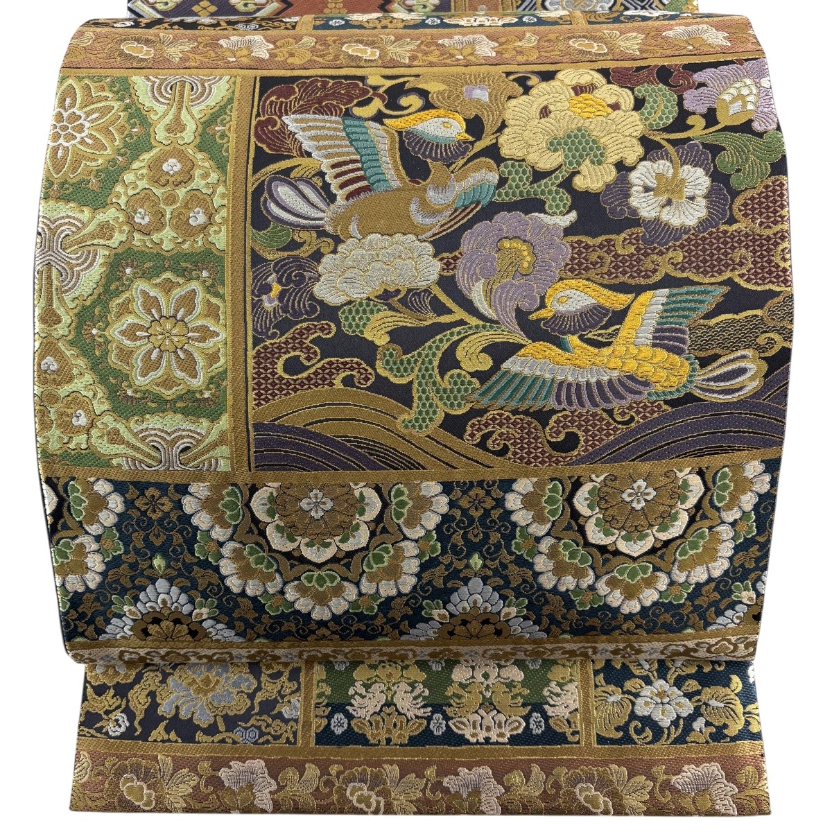 【美品】 袋帯 秀品 花鳥 華文 箔 唐織 黒 六通 正絹 【中古】