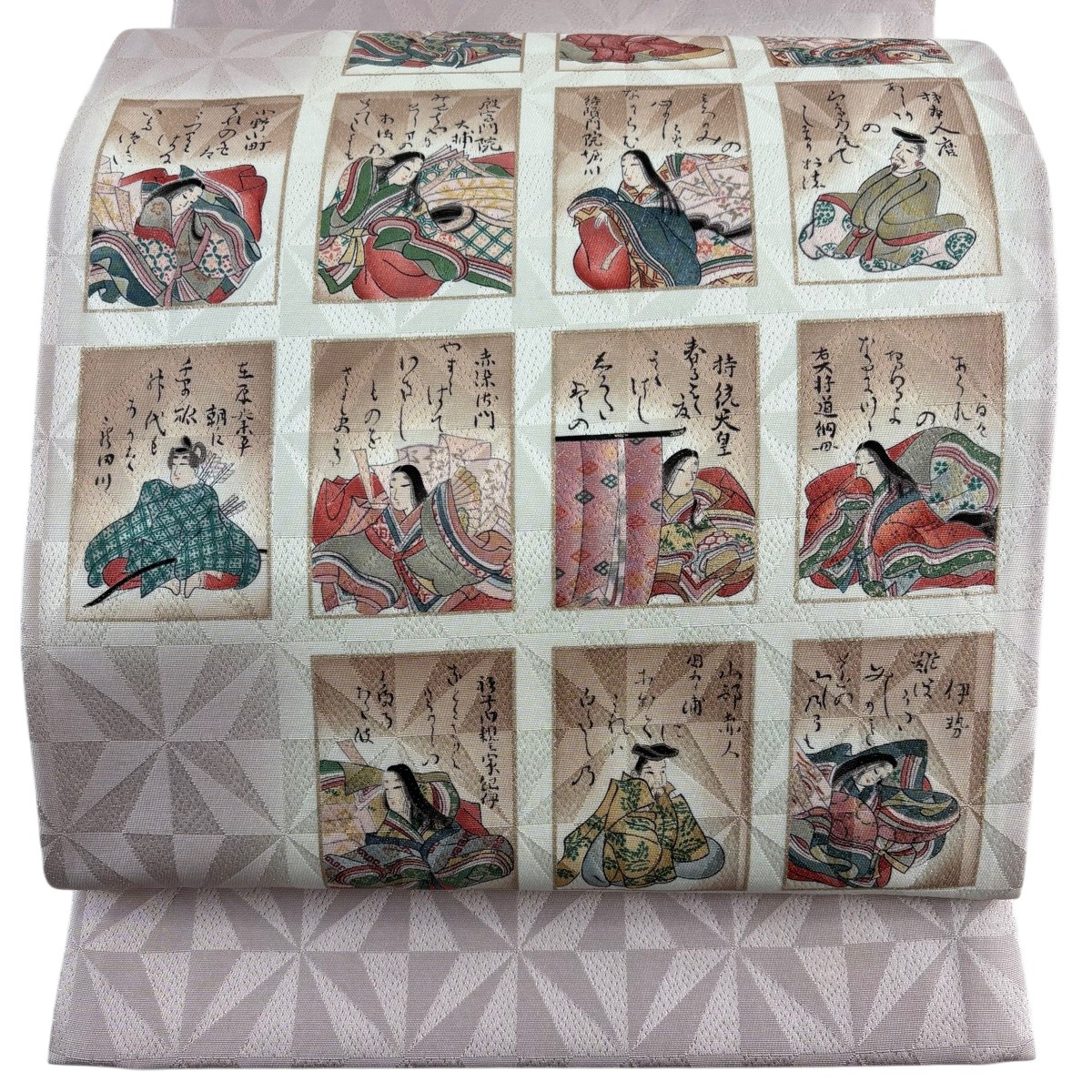 【美品】 袋帯 秀品 百人一首 銀糸 金彩 薄ピンク お太鼓柄 正絹 【中古】