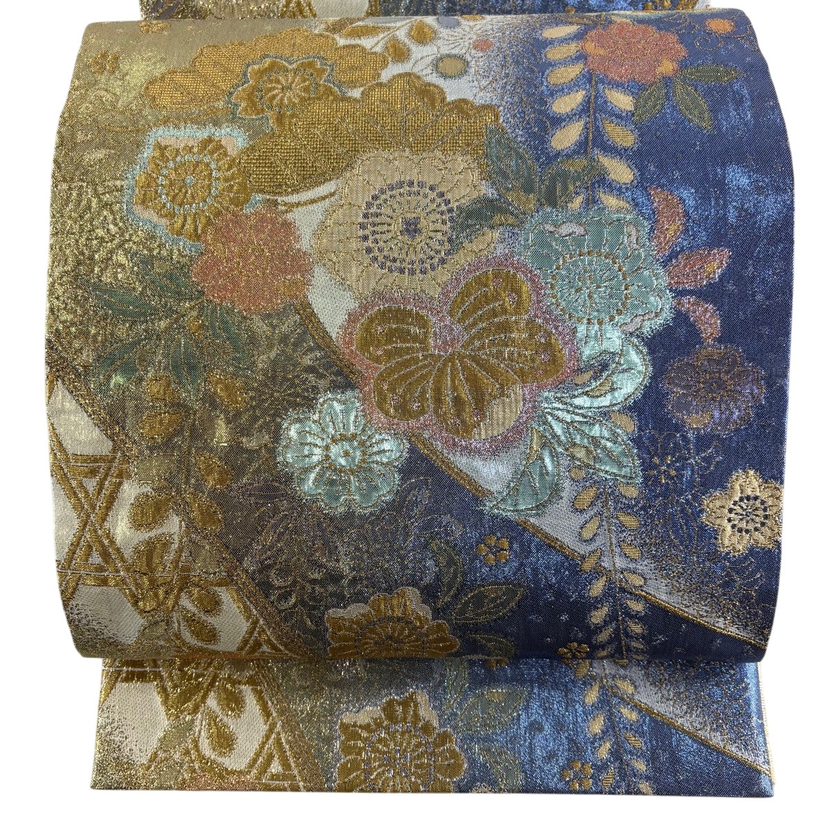 【美品】 袋帯 秀品 草花 金糸 箔 青 六通 正絹 【中古】