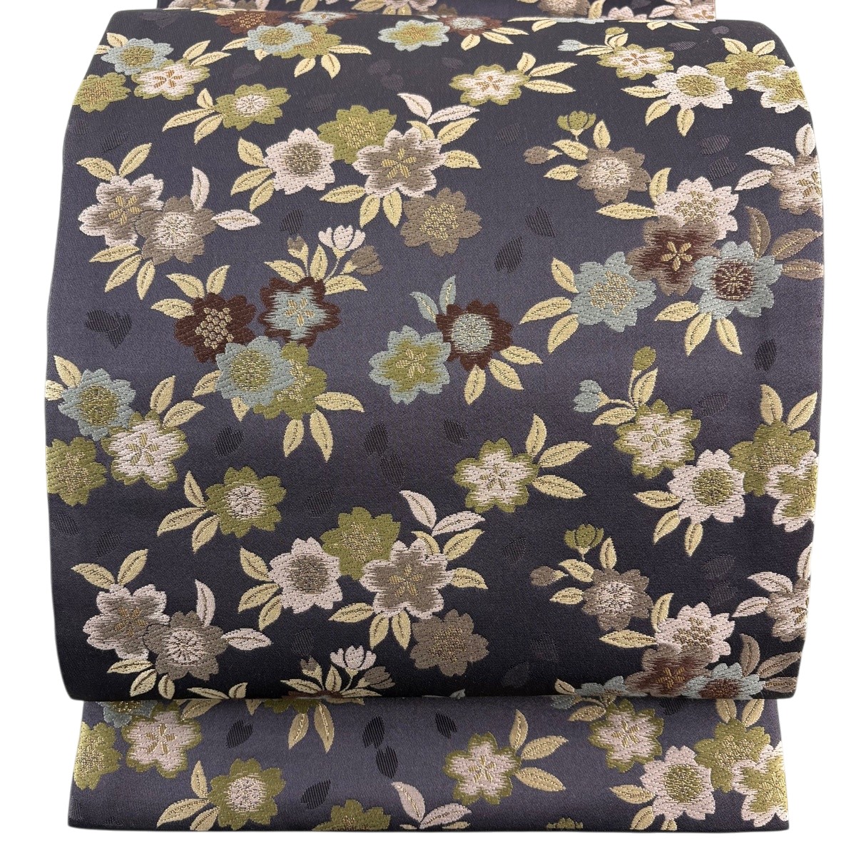 【美品】 袋名古屋帯 秀品 桜 花びら 箔 唐織 紫 正絹 【中古】