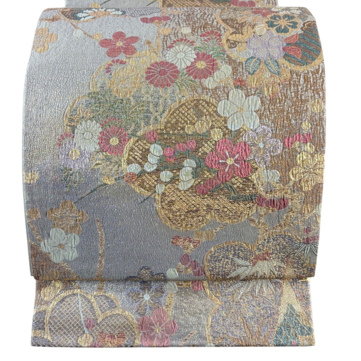 【美品】 袋帯 秀品 枝梅 草花 箔 青灰色 六通 正絹 【中古】 6,864円