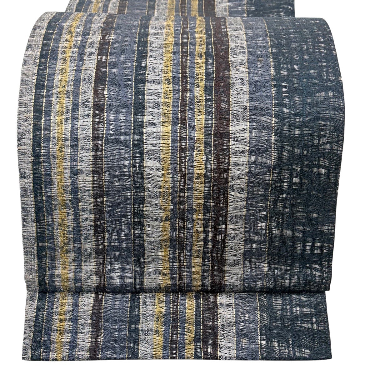 【美品】 袋帯 秀品 縞 金糸 青灰色 全通 正絹 【中古】