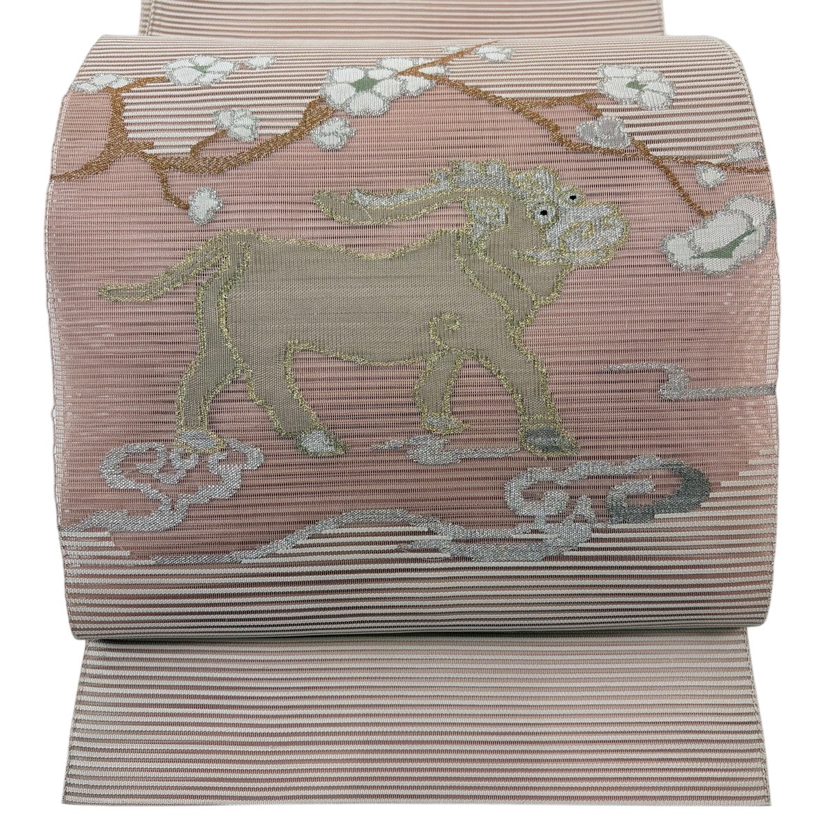 名古屋帯 秀品 夏帯 絽 八寸名古屋帯 トンネル仕立て 動物 瑞雲 金銀糸 ピンクベージュ 正絹 【中古】