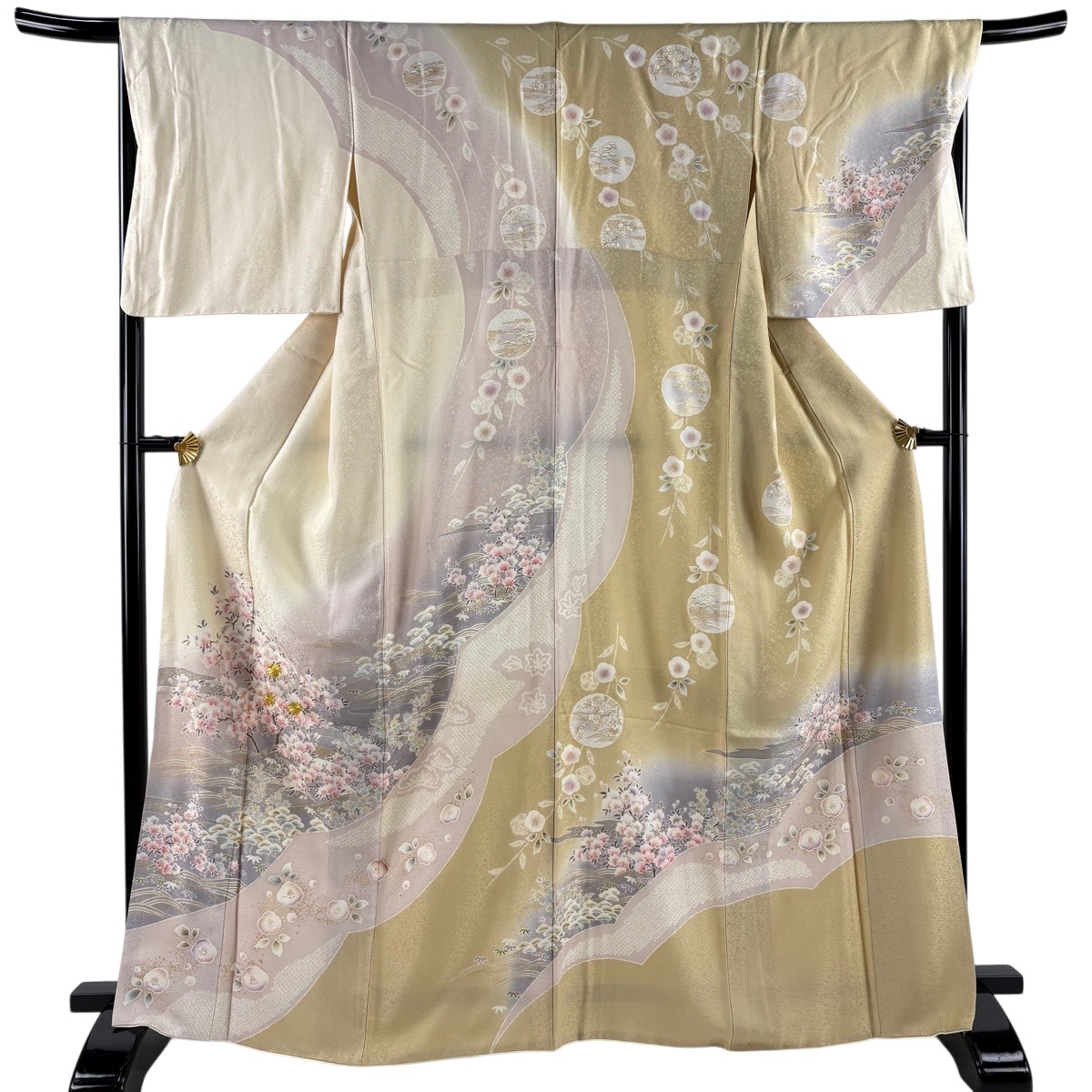 訪問着 身丈166cm 裄丈67.5cm L 袷 桜 波 金糸 金彩 ベージュ 正絹 名品 【中古】