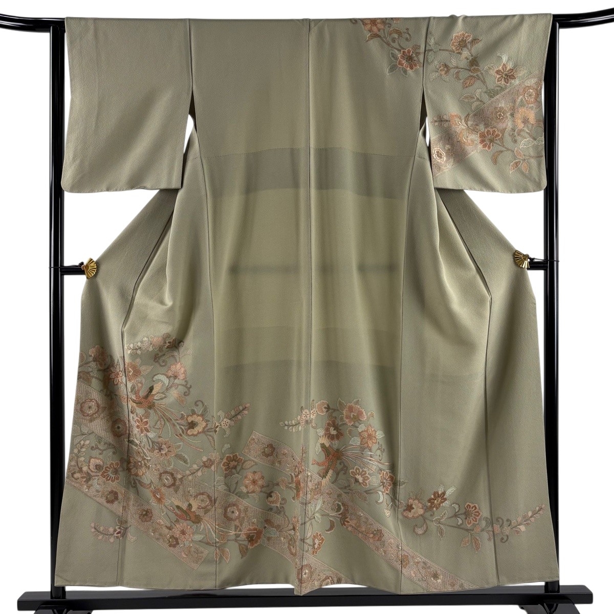 訪問着 身丈156cm 裄丈64cm M 袷 鳳凰 草花 刺繍 灰緑 正絹 名品 【中古】