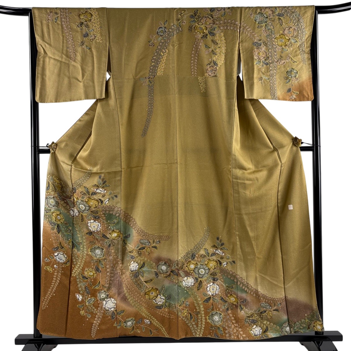 【美品】 訪問着 身丈158cm 裄丈65.5cm M 袷 落款あり 辻が花柄 金彩 ぼかし 黄土色 正絹 名品 【中古】