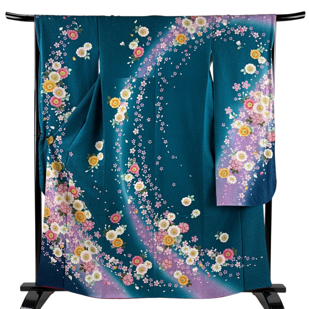 【美品】 振袖 身丈161.5cm 裄丈66cm M 袷 桜 銀通し 箔 青緑 正絹 名品 【中古】 12,994円