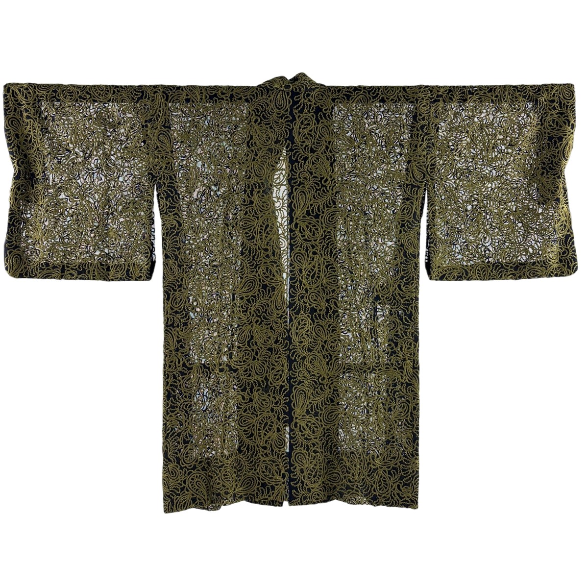 【美品】 道中着 身丈96cm 裄丈69cm L 和装コート ペーズリー 金通し 黒 正絹 名品 【中古】
