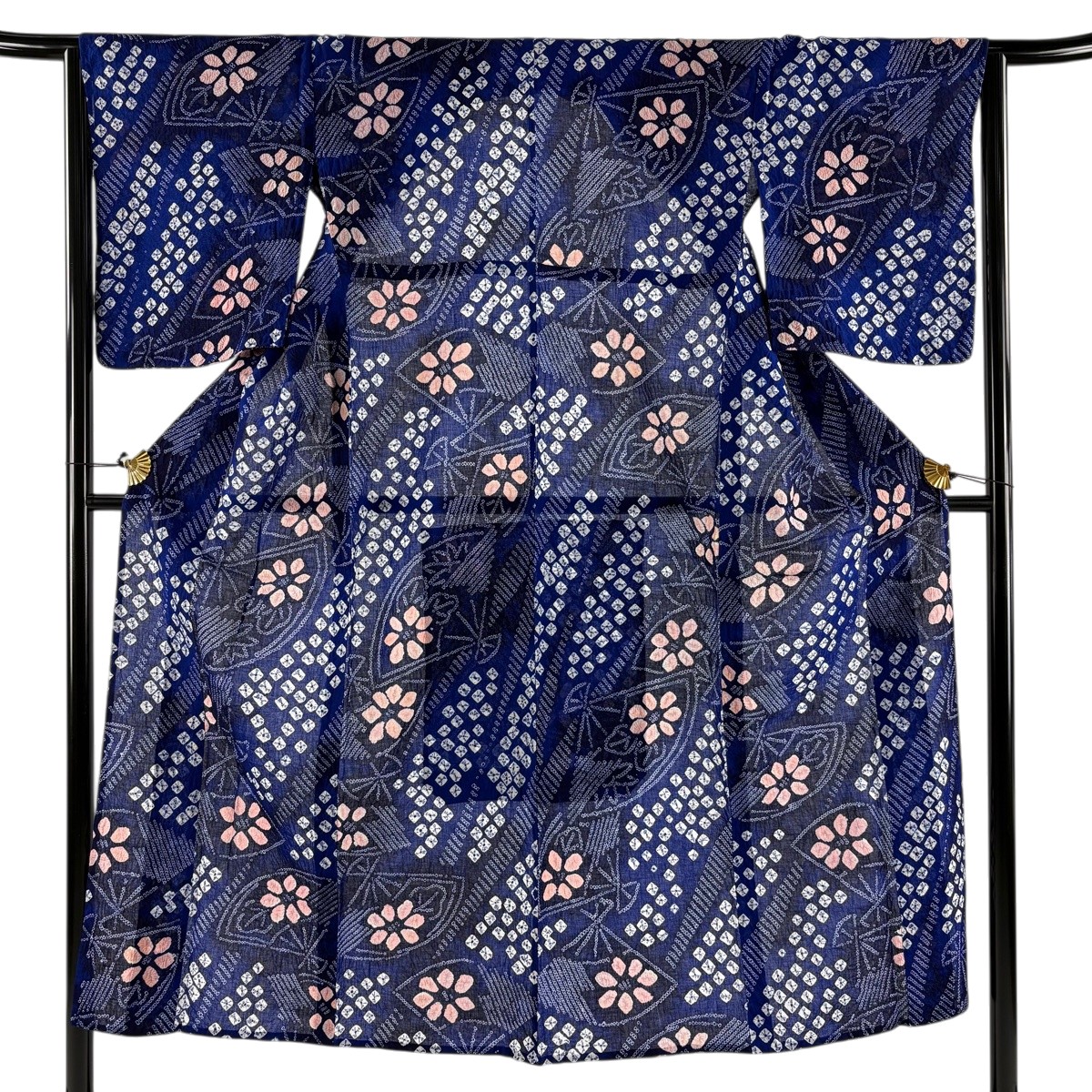 浴衣 身丈149.5cm 裄丈64cm M 絞り浴衣 扇 花 青紫 綿 名品 【中古】