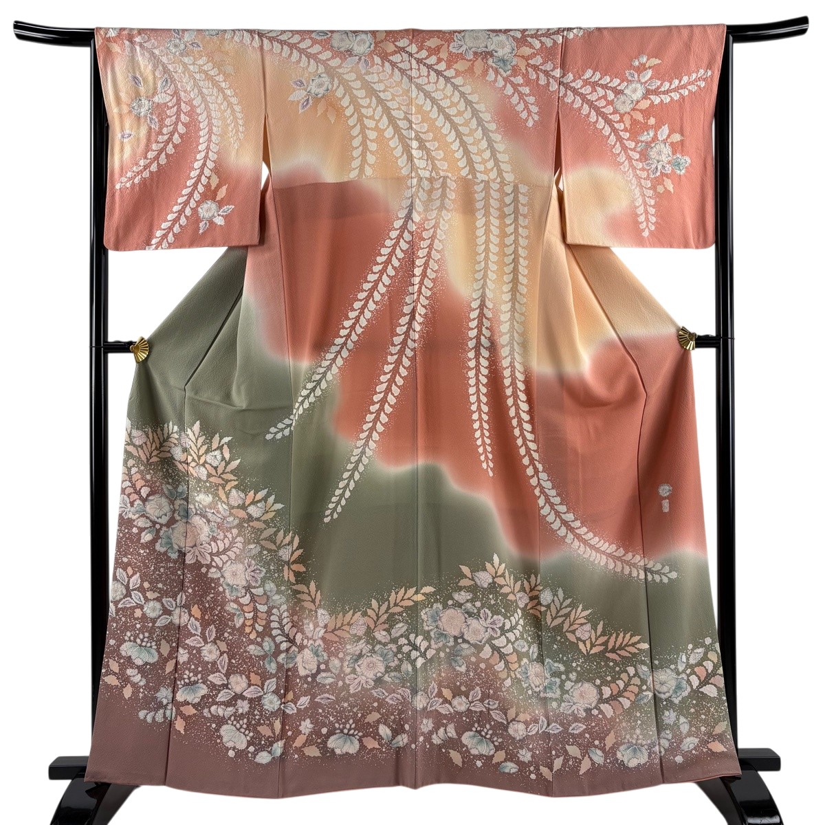 【美品】 訪問着 身丈162cm 裄丈65.5cm M 袷 辻が花 ぼかし 灰緑 正絹 名品 【中古】