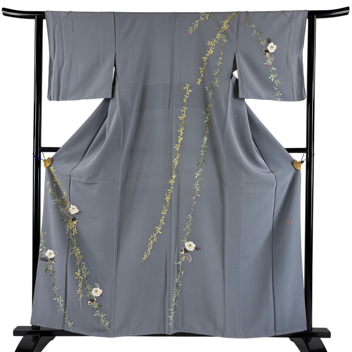 訪問着 身丈159cm 裄丈62cm S 袷 茶谷孝志 落款あり 草花 灰色 正絹 逸品 【中古】