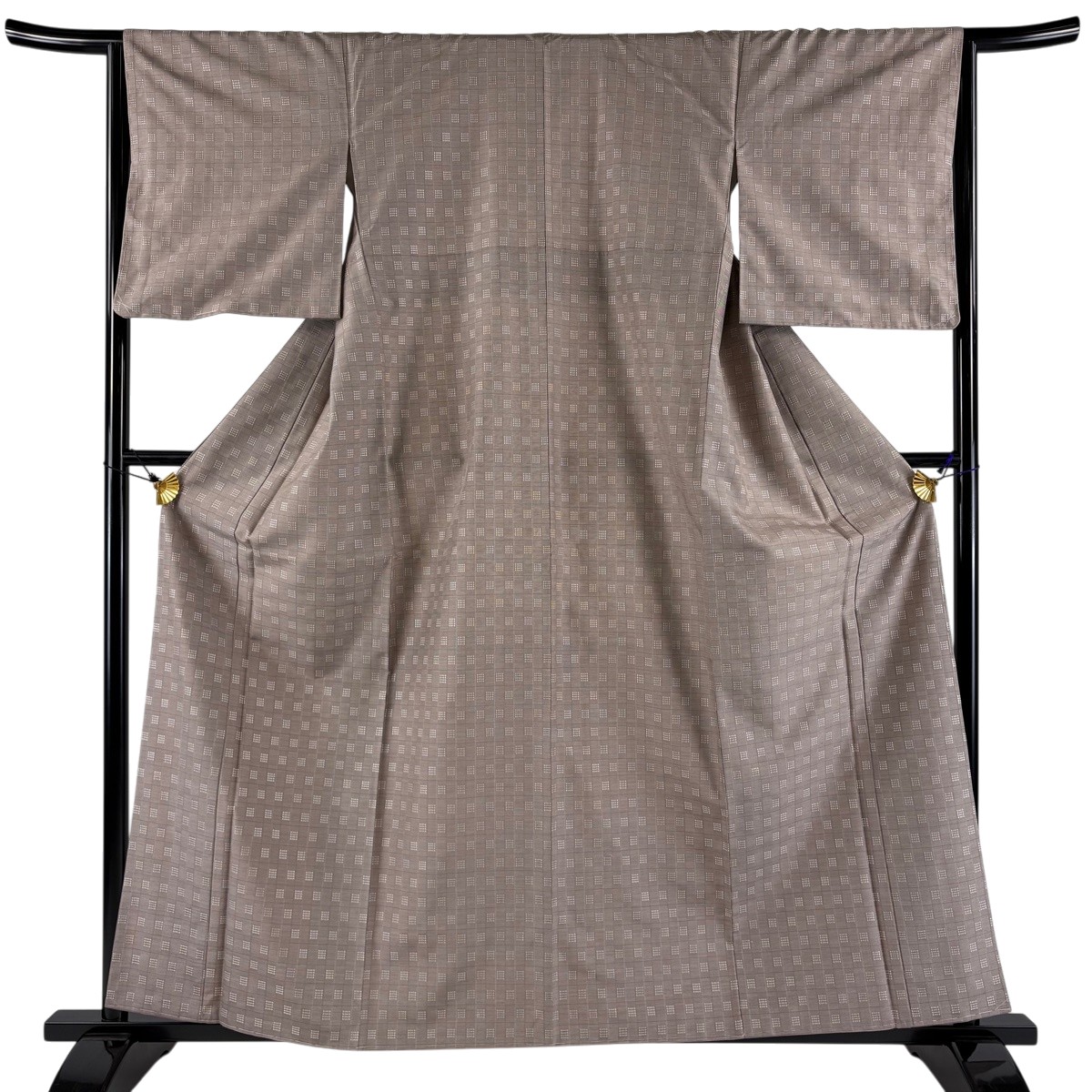 【美品】 お召 身丈160cm 裄丈65cm M 袷 市三郎 証紙あり あじろ格子 幾何学 薄小豆 正絹 逸品 【中古】